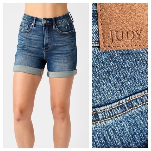 Judy Blue Pants - Judy Blue High Waisted Vintage Wash Tummy Control Cuffed Denim Short Plus 2X